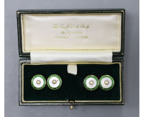 A pair of yellow metal (stamped 18), enamel, mother of pearl and split pearl set disc cufflinks, diameter 12mm, gross weight 