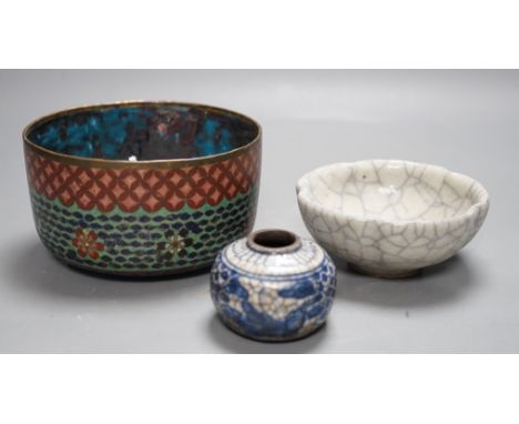 A Chinese crackle ware bowl a blue and white ink pot and a cloisonné enamel cover,  crackle ware bowl 10.5 cms diameter