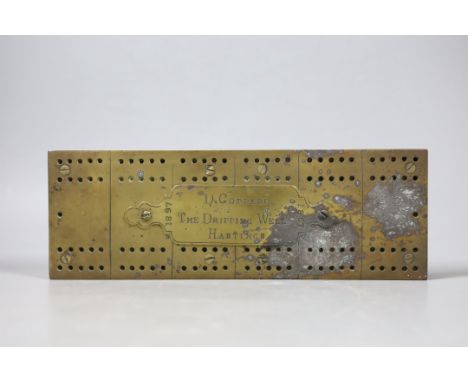 Victorian brass and mahogany Cribbage board - inscribed D. Compare, The Dripping Well, Hastings, 1897, 25.5cm wide