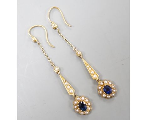 A pair of yellow metal, sapphire and seed pearl set drop earrings. 41mm, gross weight 3.4 grams.
