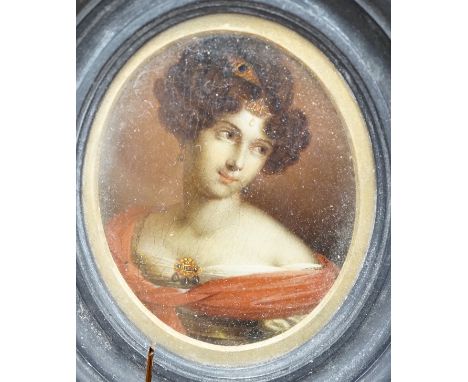 19th century Continental School, oil on panel, Miniature portrait of a lady, 9 x 7.5cm