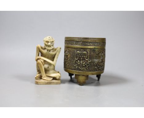 A Chinese archaistic bronze censer and a soapstone figure of a luohan, Tallest 10cm