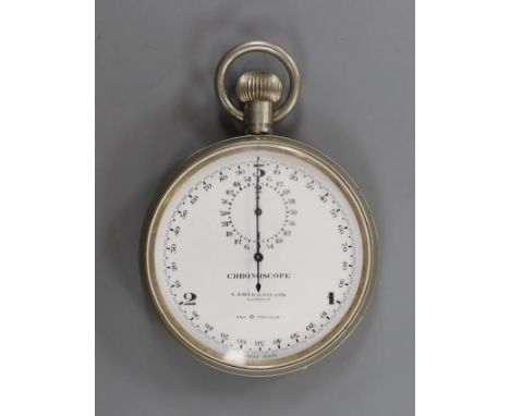 A cased military issue S. Smith & Son Ltd nickel cased chronoscope (chronograph), case back engraved with broad arrow and No.