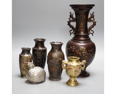 A group of Japanese bronze and mixed metal vases and a plated sugar castor, tallest 30cm