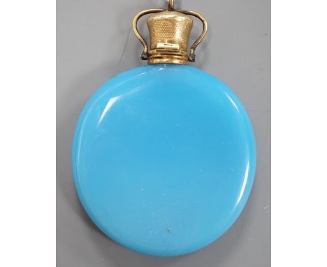 A French? yellow metal mounted blue glass moon shaped scent flask, 56mm.