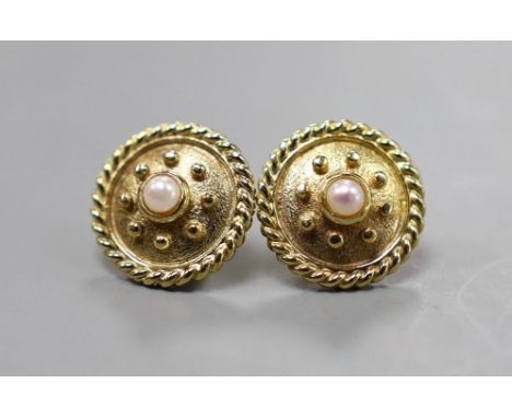A modern pair of 585 yellow metal and cultured pearl set circular earrings, 15mm, gross weight 6.3 grams.