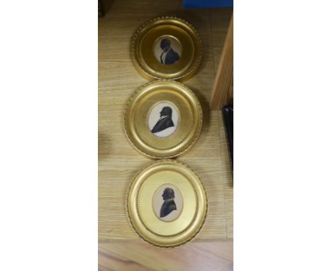 Victorian School, cut paper heightened with bronze, Silhouette of a gentleman, 8 x 6.5cm, with two similar silhouettes