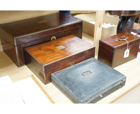 A Georgian three divisional tea caddy together with three writing slopes,  largest writing slope 50cms wide x 20cm high