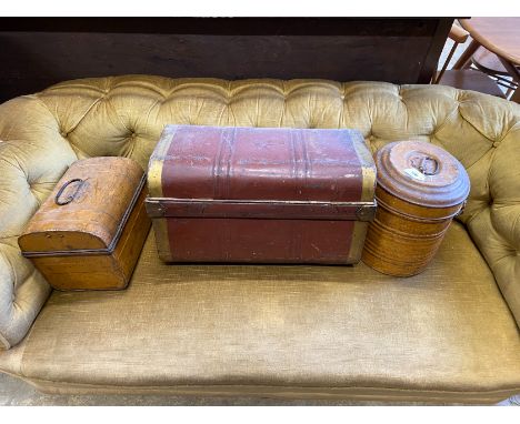 A Victorian painted tin small trunk, 54 cm and a smaller tin trunk and hatbox with simulated wood finish, largest width 55cm,