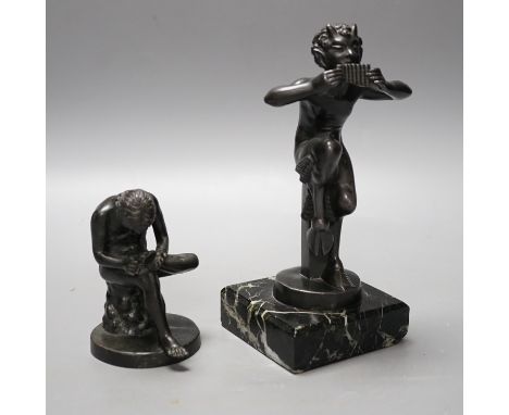 An early 20th century bronze figure of Pan on serpentine base and another of Spinario. Tallest 19cm
