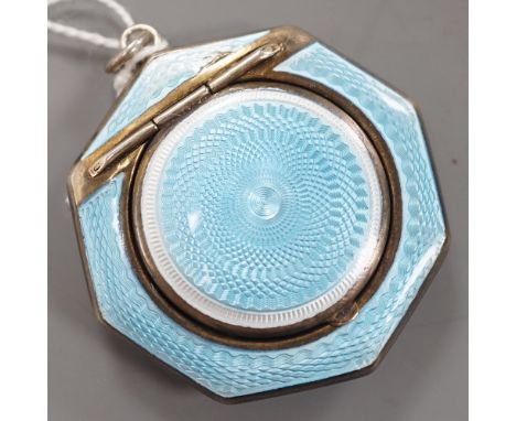 A George V silver and guilloche enamel octagonal compact, Albert Carter, Birmingham, 1922, 47mm.