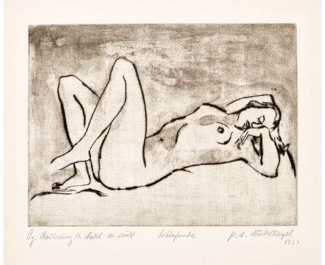 PETER AUGUST BÖCKSTIEGEL (1889 - 1951, Werther) "Schlafende"Kaltnadel und Pinselätzung auf festem Velin. 1922.30 x 40 cm (49 