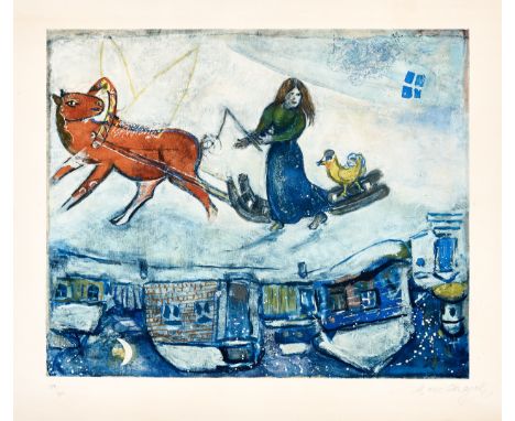 MARC CHAGALL (1887 Vitebsk - 1985 Saint-Paul-de-Vence), nach Die Liebenden über ParisOffset und Farbserigraphie auf genarbtem