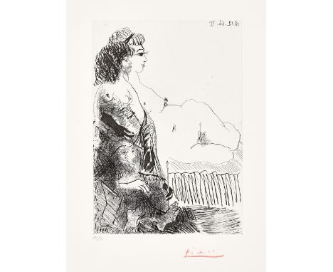 PABLO PICASSO (1881 Málaga - 1973 Mougins) Femme au divan avec une jeune fille et un vieillard assisRadierung auf festem Veli