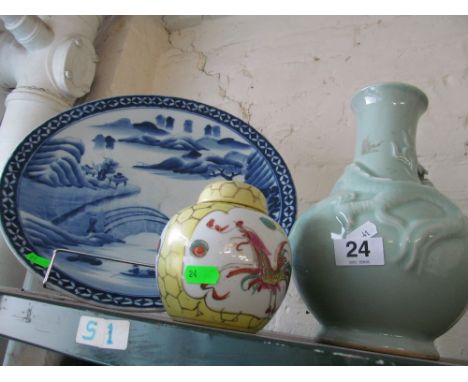 A Japanese blue and white charger, ginger jar and a celadon lamp/vase