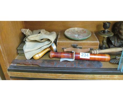 A leather box, copy cast, stirrups, Colonial American candlestick and interesting items