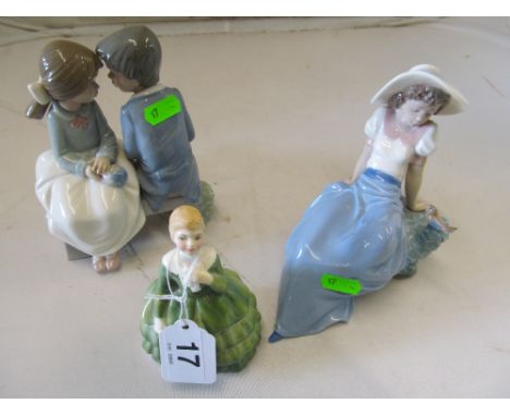 A small Royal Doulton figure Belle, Nao girl with birds and Nao boy and girl on bench