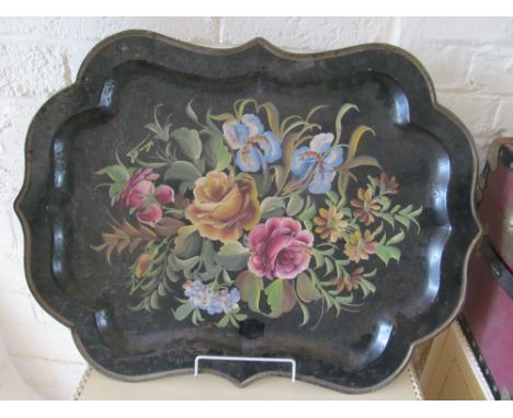 A circular gilt framed mirror, small trunk and tin tray