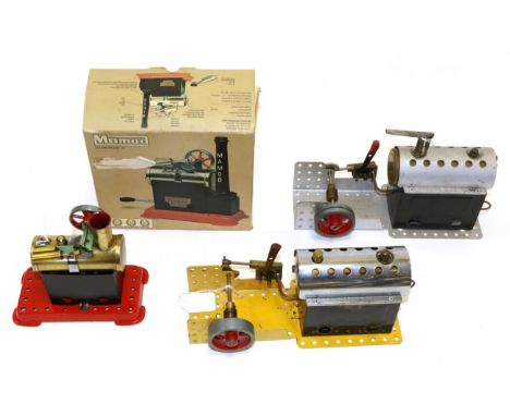 Mamod SP1 Steam Engine (G box G-F) and a smaller example (G-E); together with two Meccano engine (one repainted) (4)