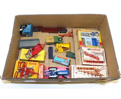 Various Diecast including Britains 9525 Fordson tractor (with box interior), Four furrow plough, High speed rake and Transpor