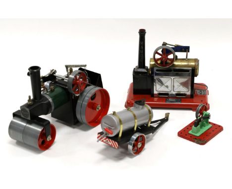Mamod SR1a Road Roller together with Water Tank trailer (both E) Stationary engine and Steam hammer accessory (both G) (4)