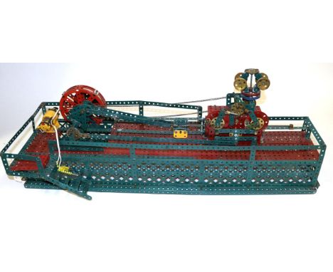 Meccano Constructed Model Of A Stationary Steam Engine constructed in red/green (repainted) with electric motor