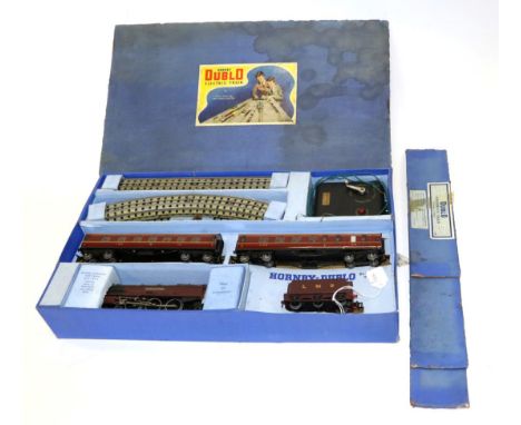 Hornby Dublo 3-Rail EDP2 Passenger Set with Duchess of Atholl, two LMS coaches, oil bottle and spanner (E-G box F-G, three si