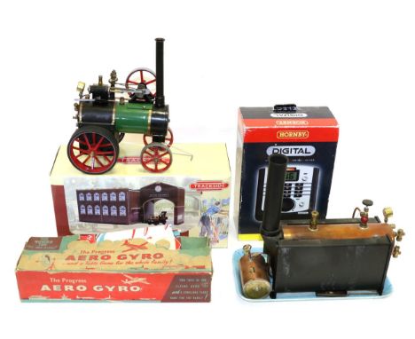 Live Steam Traction Engine with single cylinder motor with governor; a Boiler on stand; The Progress Aero Gyro (boxed) Tracks
