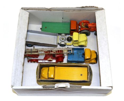 Dinky Commercial Vehicles Guy flat truck orange/green Field Marshall tractor, Commer articulated silver/yellow, Bedford tippe