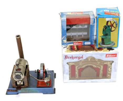 Wilesco Live Steam Stationary Engine (G) together with 990 Barrel Organ, M59 Eccentric Press and M61 Forge (both boxed) (4)