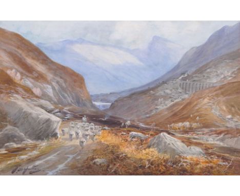Thomas Swift Hutton (c.1875-1935) British. A Highland Landscape, with a Shepherd and Flock, Watercolour, Signed, 12” x 18”
