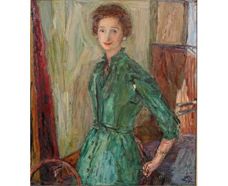 Marian Bom…. (20th Century) British. Portrait of Mrs C. Epril, Dressed in Green, Oil on Canvas, Signed with Initials and Date