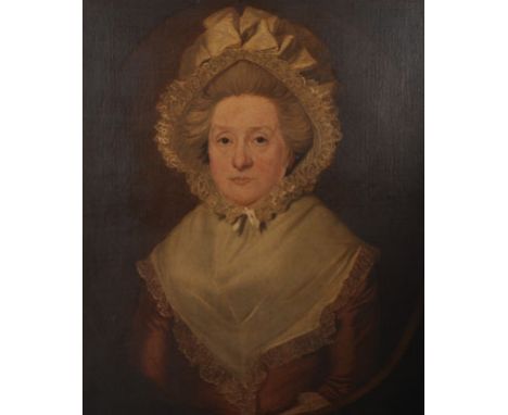 18th Century English School. Portrait of a Lady, Wearing a Pink Dress, with White Collar and Bonnet, Oil on Canvas, Painted O