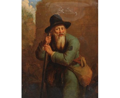 Alex Green (19th Century) Continental. An Old Man Leaning on his Stick, Oil on Panel, Signed, 12” x 8.5”