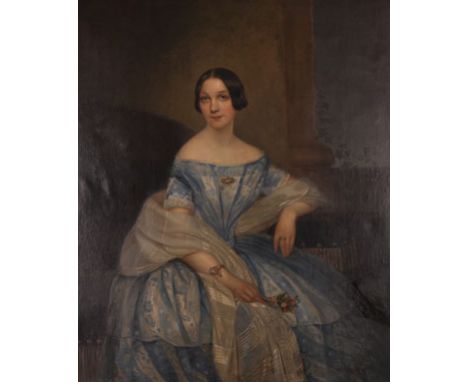 R. v. Herzer (19th Century) European. Portrait of a Lady, wearing a Blue and White Dress with a White Shawl, Holding a Posey 