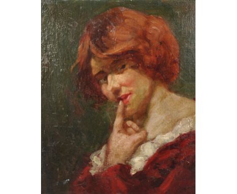 C… Parsint (19th – 20th Century) British. Bust Portrait of a Girl, wearing a red dress with a white border, Oil on Board, Ins