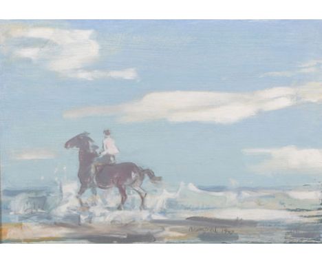 Edmund Blampied (1886-1966) British. “The Joy Rider”, Oil on Board, Signed and Dated 1947, and Inscribed on label verso, 8” x