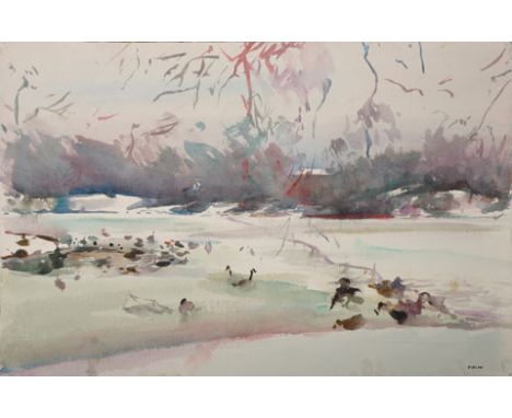 Howard Morgan (1949-   ) British. A River Landscape, with Geese in the foreground, Watercolour, Signed, Unframed, 15” x 22”, 