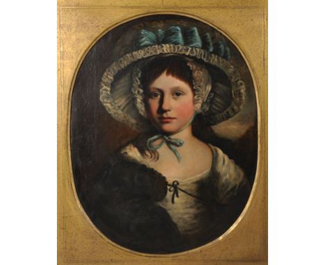 Attributed to John Singleton Copley (1738-1815) American. Portrait of a Young Girl, wearing a White Bonnet and Blue Ribbon, C