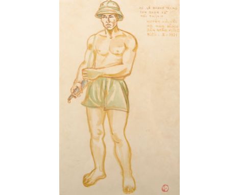 Diep Minh Chau (1919-2002) Vietnamese. Full Length Portrait of a Man in shorts, holding a gun, Watercolour, Signed with Motif