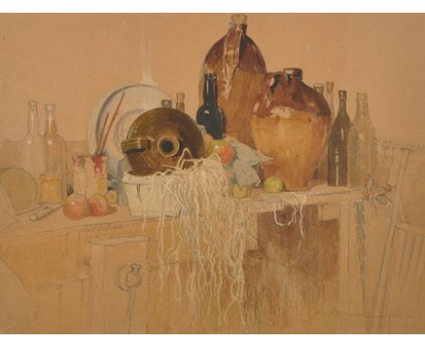 Cyril Boler (1895-1978) British. Still Life with Bottles and Jars on a Work Bench, Watercolour, Signed and Indistinctly Dated