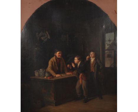 Hanno Rhomberg (1820-1869) German. ‘The First Smoke’, an Interior of a Tobacconist Shop, Oil on Canvas, Signed, Unframed, Arc