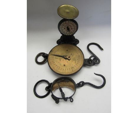 An iron and brass Salters 20M hanging scale, wool scale and set of Salters Letter Balance No11 