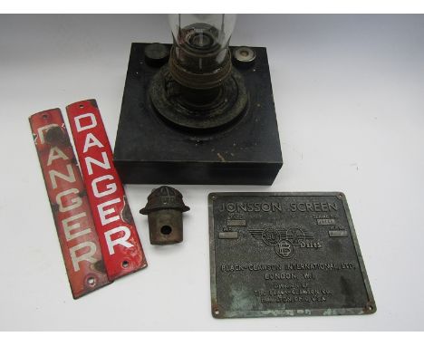 A vintage oil lamp together with 'Danger Enamel Danger Sign and engineering works plate 