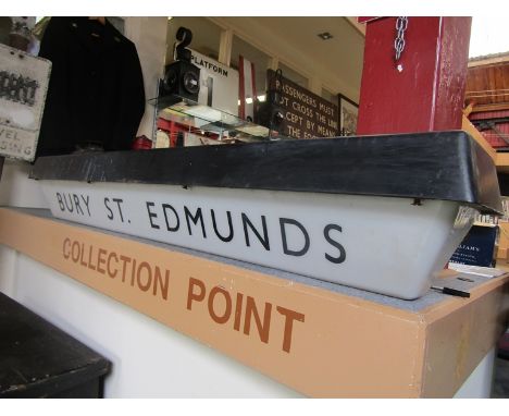 A station platform hanging light for Bury St Edmunds with moulded plastic shade 