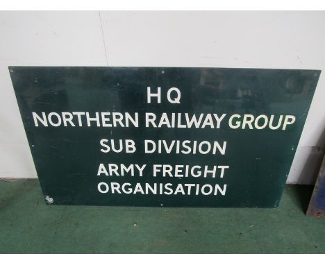 A plastic HQ Northern Railways Group Sub Division Army Freight Organisation sign