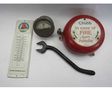 A fitters spanner, Chubb fire bell and a pyrometer etc