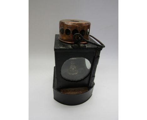 A railway signal lamp interior stamped M&amp;GN JR to one side with copper plaque NORWICH VICTORIA STATION YARD to another