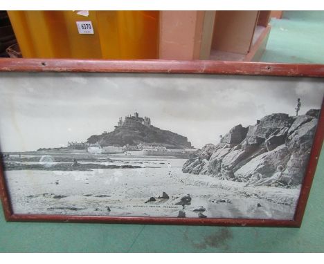 A framed and glazed black and white carriage print of St Michaels Mount, Penzance
