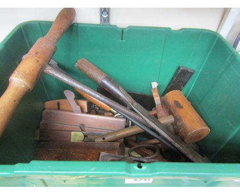 A box of mixed tools including William Swift billhook, planes, mallet etc 